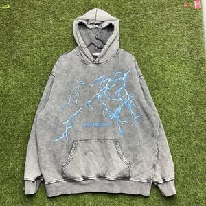 Aelfric Eden Washed Lightning Print Hoodie Mens Large Oversized Distressed Gray